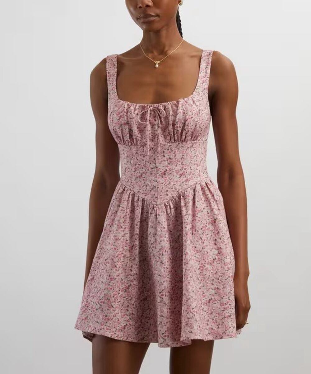 NWT Reformation Daria Linen Basque Waist A-Line Mini Dress Rosin Pink Sz 10 Flor